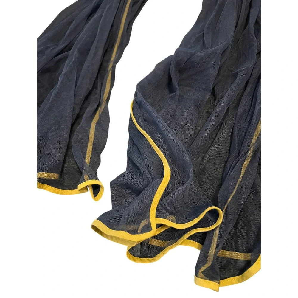 Navy Blue Sheer Net Dupatta Scarf with Yellow Border Trim‎ 80x40